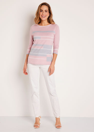 Pull manches 3/4 col bateau jacquard rayé devant Rose/Gris