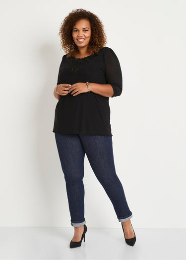 T-shirt long ample résille brodée Noir