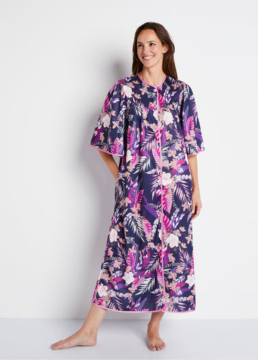 Peignoir long satiné fleuri boutonné Imprime Violet