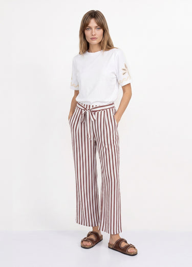 Pantalon rayé ceinturé, fils métallisés Marron/Ecru