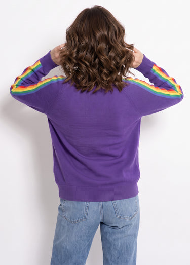 Pull col V manches lignes multicolores Violet