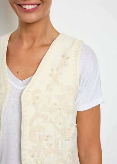 Gilet sans manches broderies et perles Ecru