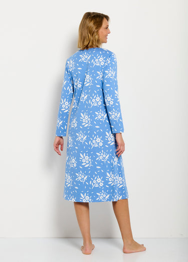 Chemise de nuit boutonnée coton mi longue fleurie Bleu