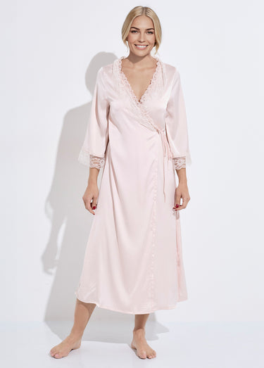 Nuisette longue + déshabillé satin dentelle Rose