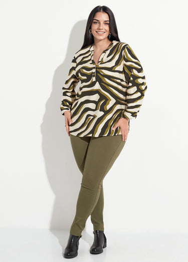Blouse col V boutonné motif abstrait Vert / Écru