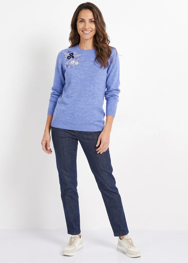 Pull doux uni brodé col rond manches longues Bleu