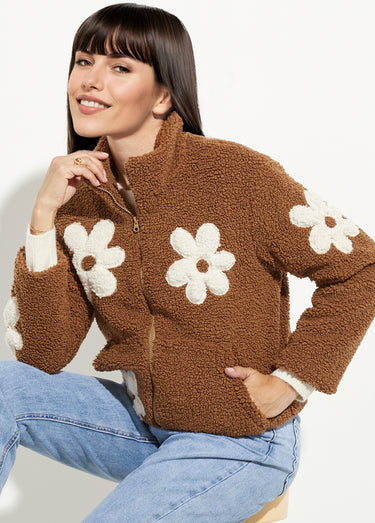 Blouson col montant motif grosses fleurs Camel