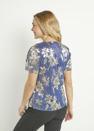 T-shirt court imprimé feuillage doré Bleu