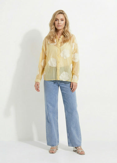 Chemisier en voile, broderies camelias Jaune