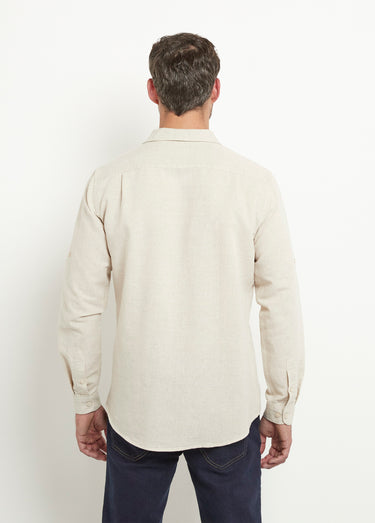 Chemise lin chic col droit manches longues Beige