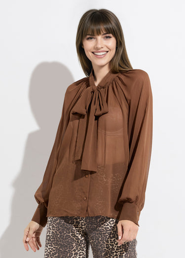 Chemisier voile uni avec col lavallière Chocolat