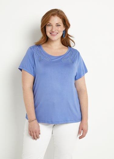 T-shirt coton brodé ajouré col rond Lavande