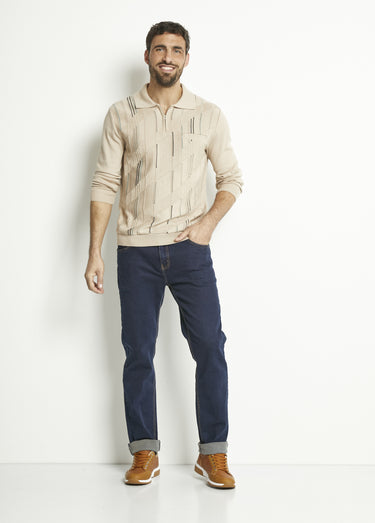 Pull col polo zippé manches longues coton jacquard Beige
