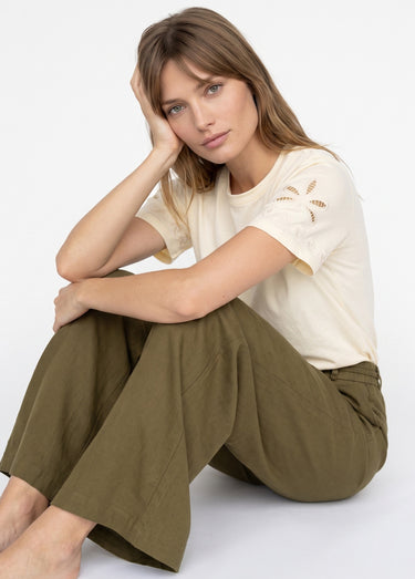 Pantalon large avec lin, style ethnique Kaki