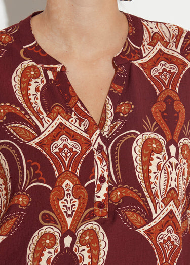 Blouse col V boutonné imprimé acanthes Bordeaux