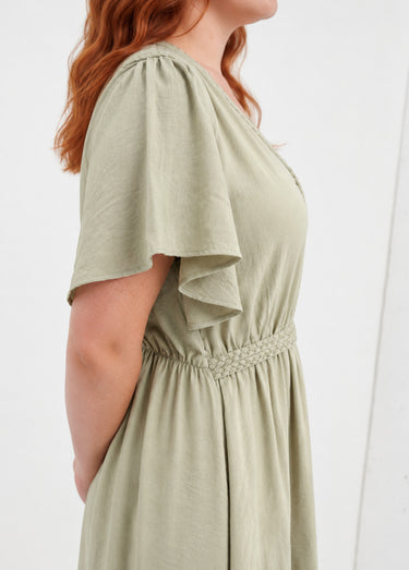 Robe courte col V, avec ganse tressée Kaki