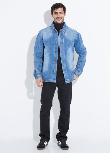 Surchemise en jean délavé, denim épais Bleu