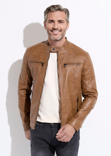 Blouson simili cuir zippé style motard Camel
