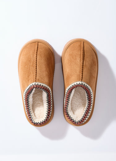 Mules suédine compensées, galon brodé Camel