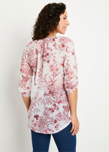 Tunique boutonnée ample voile imprimé Blanc/Rose