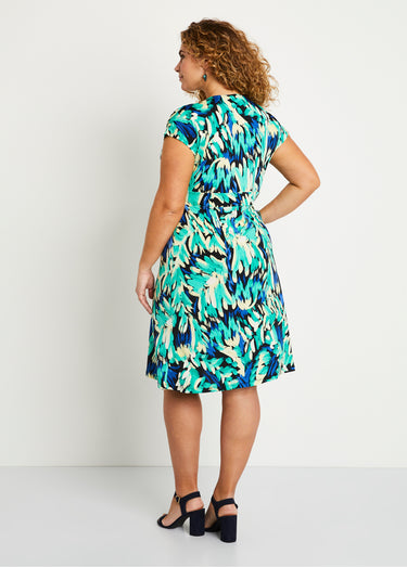 Robe maille courte évasée imprimé fantaisie Bleu/Vert