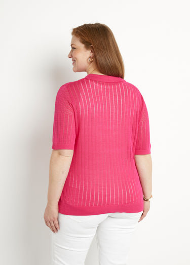 Pull fin col polo ajouré manches courtes Fuchsia
