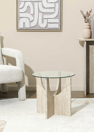 Table d'appoint verre et effet pierre Blanc/Beige