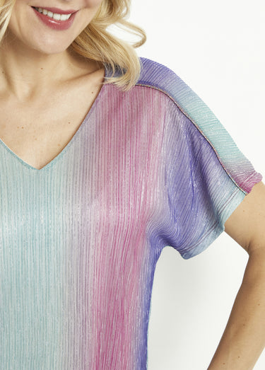 T-shirt court brillant col V effet plissé Rose/Aqua