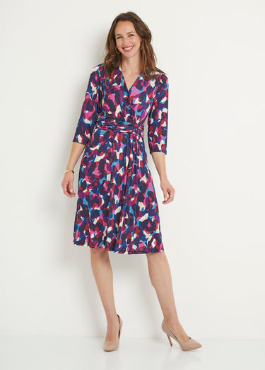 Robe cache-coeur courte évasée maille imprimée Rose / Bleu