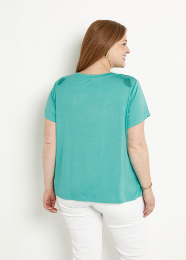 T-shirt coton brodé ajouré col rond Aqua