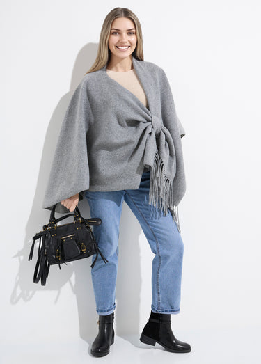Manteau cape à franges aspect lainage Gris