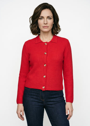 Gilet boutonné uni avec col manches longues Rouge