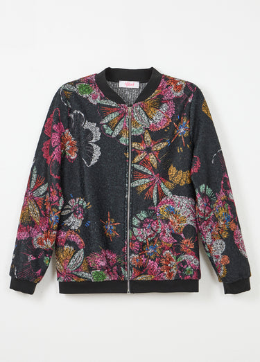 Blouson esprit bomber tissu bouclette imprimé Noir/Rose