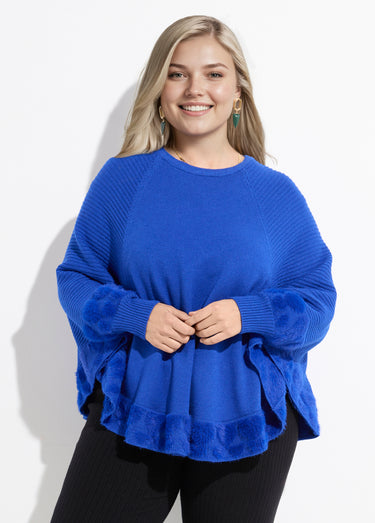 Poncho cape maille coeurs et col rond Bleu Vif