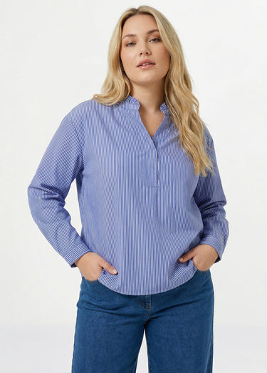 Blouse fines rayures avec col plissé Raye Bleu