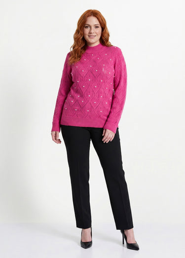 Pull doux ajouré perlé col montant Rose