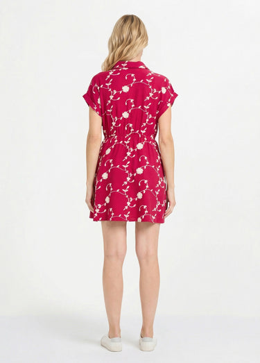 Robe courte taille nouée, fleurs brodées Fuchsia