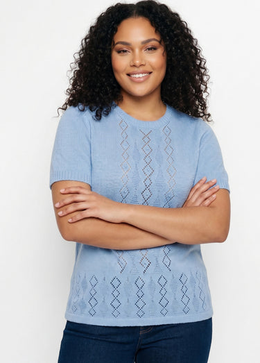 Pull ajouré perlé manches courtes Bleu