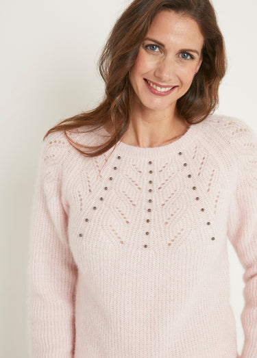 Pull doux maille poilue col rond perlé ajouré Rose
