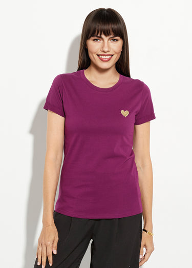 T-shirt col rond broderie coeur poitrine Violet