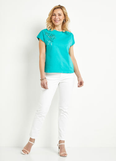 T-shirt coton uni sequins manches courtes Turquoise