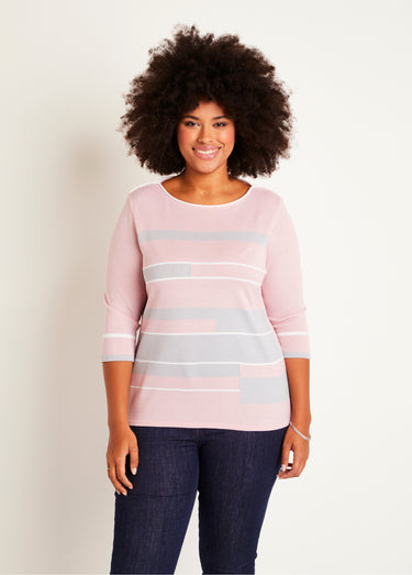 Pull manches 3/4 col bateau jacquard rayé devant Rose/Gris