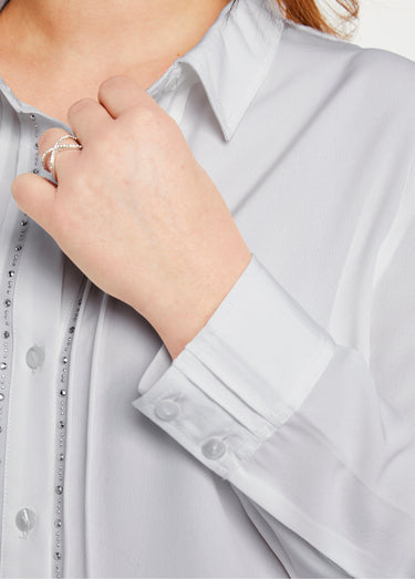 Chemisier uni boutonné long strass col chemise Argent