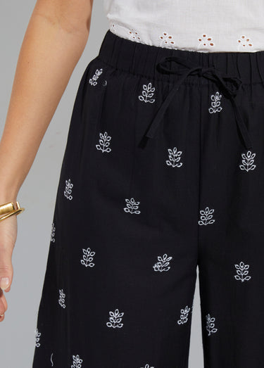 Pantalon large coton brodé taille élastiquée Noir / Blanc