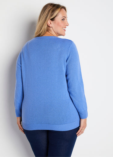 Pull doux uni brodé ajouré col rond Bleu