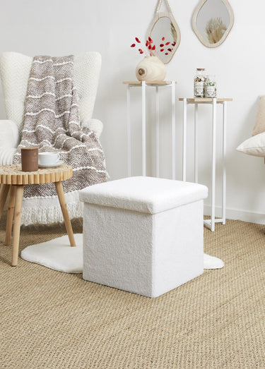Pouf bouclette avec coffre de rangement 1B Blanc