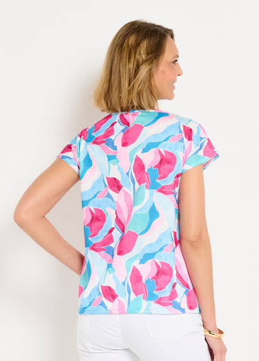T-shirt court col V brillant imprimé Bleu/Rose