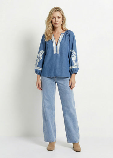 Blouse denim avec broderies fleurs Bleu Jean