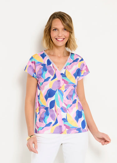 T-shirt court col V brillant imprimé Parme/Jaune