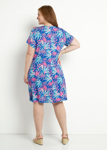 Robe courte droite évasée imprimé feuillage Bleu/Rose
